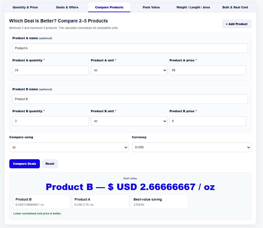 Product comparison calculator result showing Best value, normalized unit prices, and best-value saving percentage