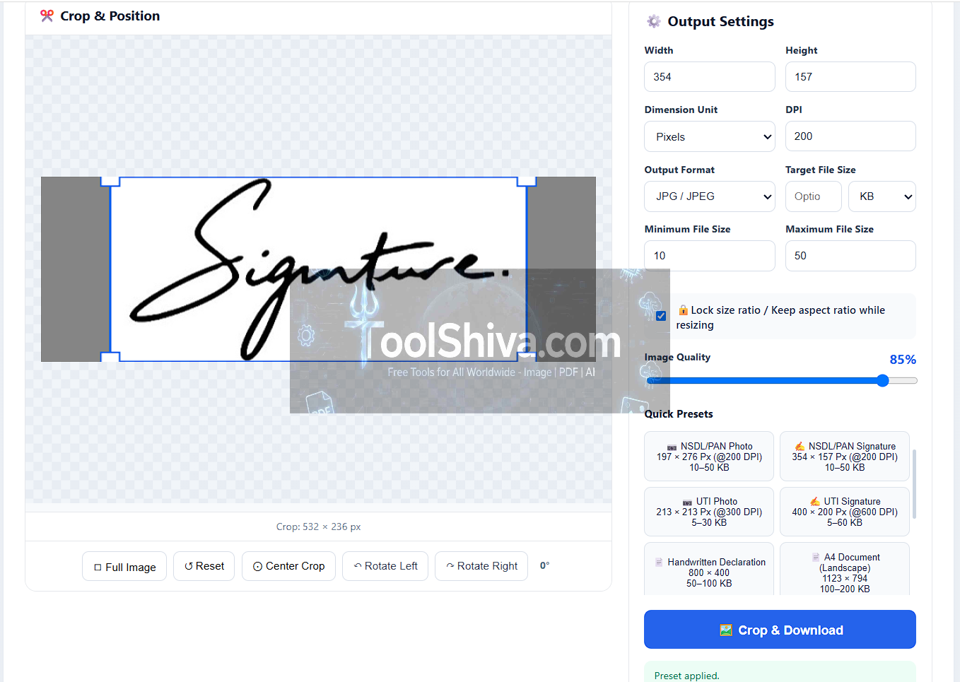 ToolShiva PAN Card Photo Resize and Signature Resizer online tool dashboard screenshot showing NSDL and UTI specifications setup